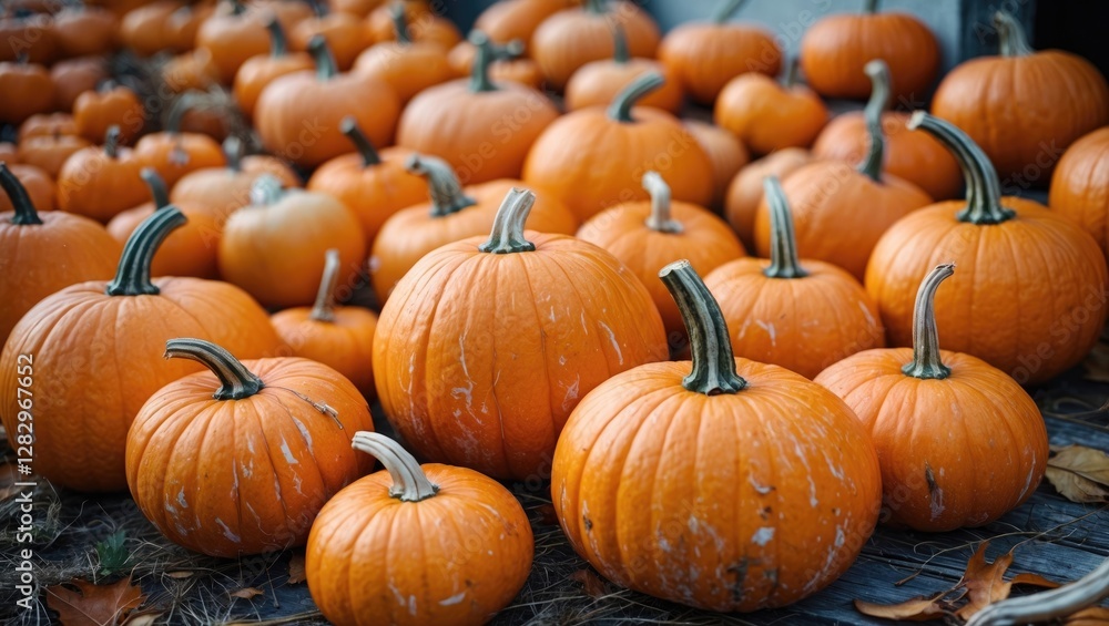 Various pumpkins in different sizes arranged on ground with fallen leaves during autumn season Various pumpkins in different sizes arranged on ground with fallen leaves during autumn season
