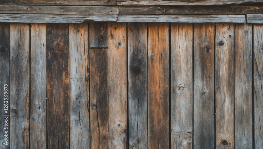 Weathered wooden planks forming a rustic and textured wall background with variations in color and grain. Weathered wooden planks forming a rustic and textured wall background with variations in color and grain.