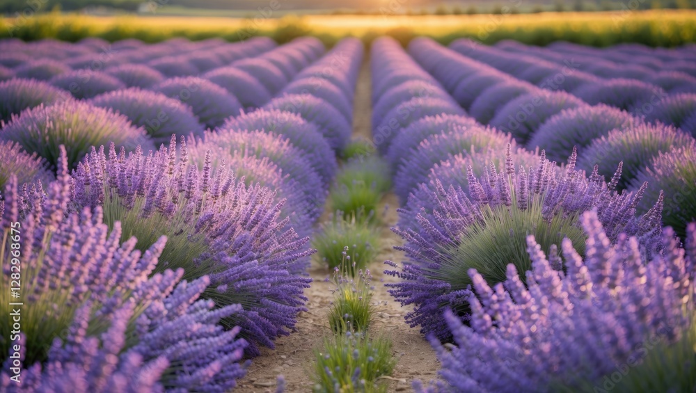 Naklejka premium Lavender field with rows of blooming lavender plants under sunset light creating a vibrant purple landscape in rural setting