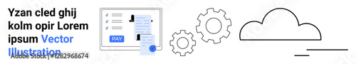 Payment form with Pay button, cloud graphic, and two connected gears. Ideal for fintech, automation, SaaS tools, cloud computing, online services workflow optimization and data processes. Abstract