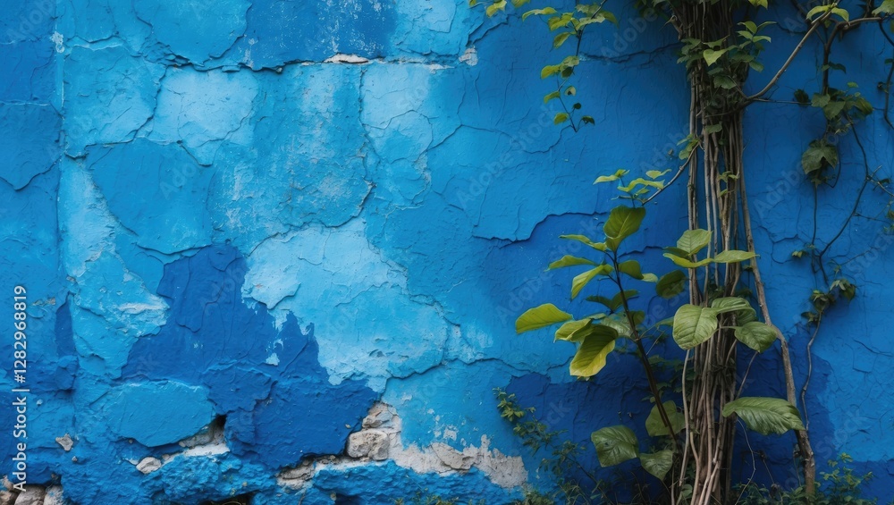 Obraz premium Blue textured wall with peeling paint and green leaves growing against it