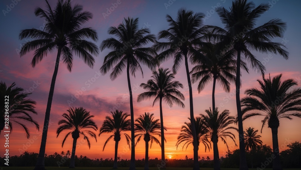 Tropical sunset with silhouetted palm trees against a colorful sky at dusk Tropical sunset with silhouetted palm trees against a colorful sky at dusk