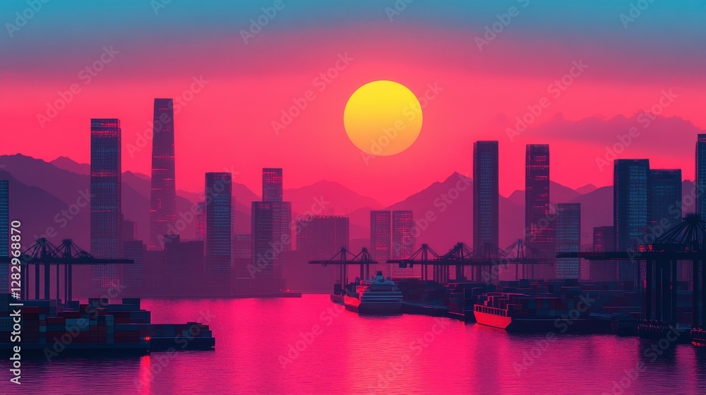 Fototapeta premium Futuristic global trade logistics hub international port city sunset