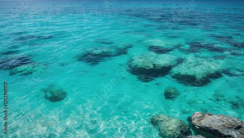 Clear turquoise water over rocky seabed under sunlight in a tropical setting