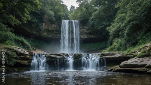 Fototapeta Naklejka Na Ścianę i Meble -  Majestic waterfall cascading over rocky cliffs surrounded by lush green foliage and tranquil river below in natural setting.