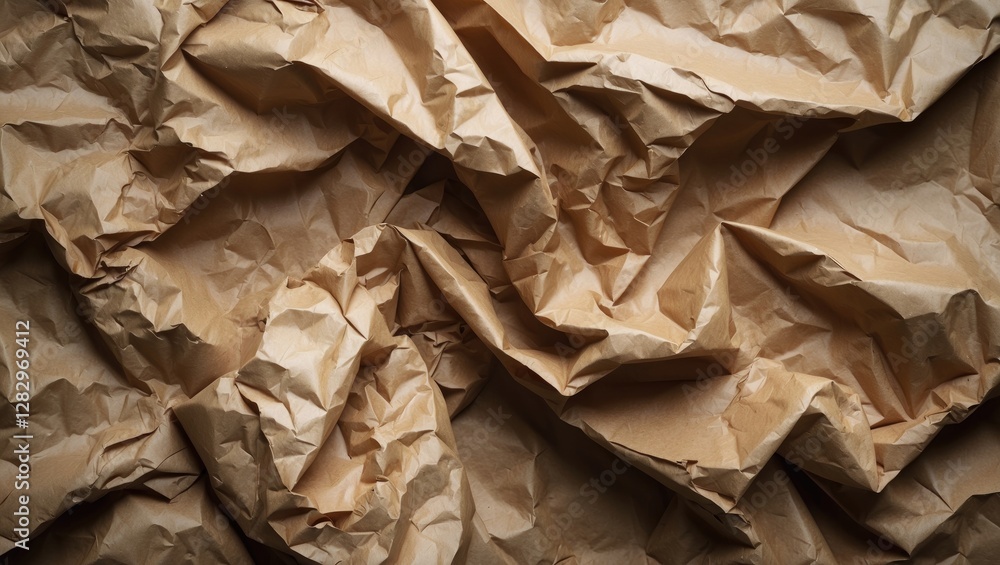Crumpled brown paper texture background with intricate folds and shadows for creative design applications Crumpled brown paper texture background with intricate folds and shadows for creative design applications