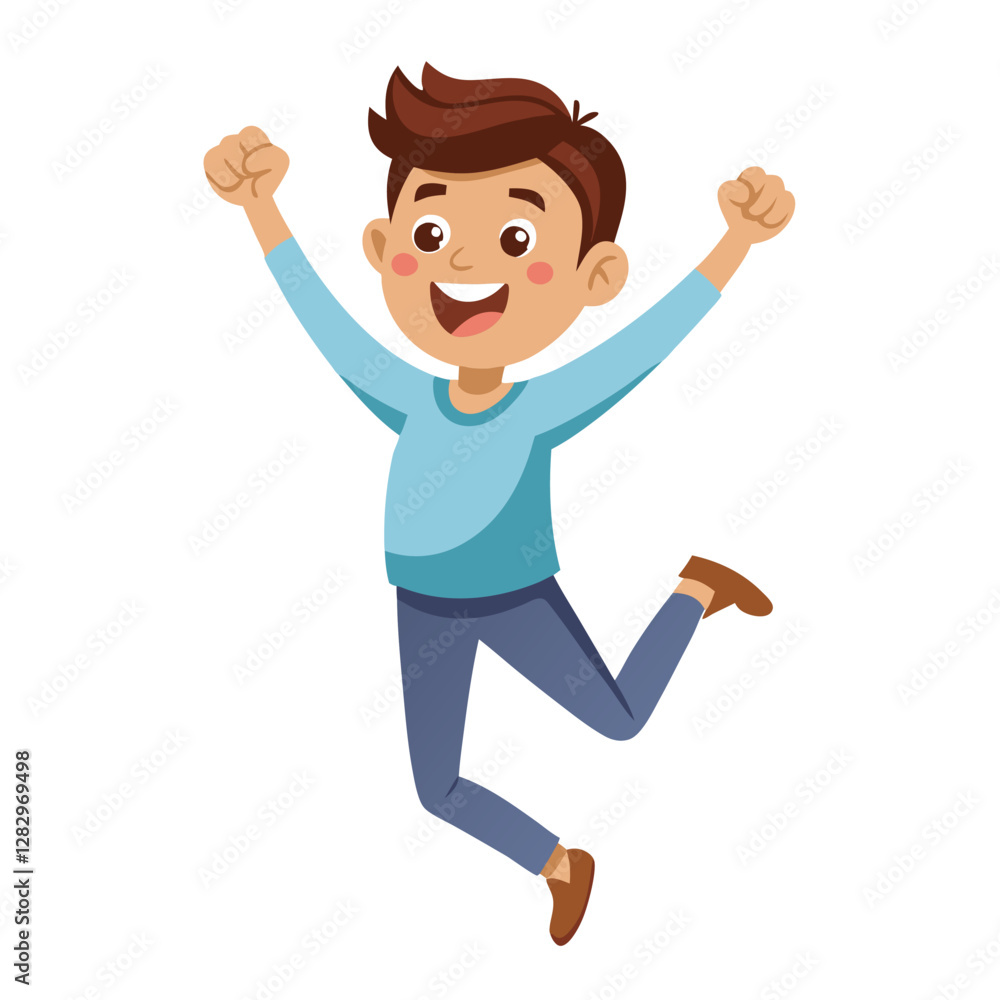 Happy boy jumping up in air. Excited joyful teenager celebrating, flying in air in dynamic energetic emotional pose with fists, arms gesture. Flat vector illustration isolated on white background Happy boy jumping up in air. Excited joyful teenager celebrating, flying in air in dynamic energetic emotional pose with fists, arms gesture. Flat vector illustration isolated on white background