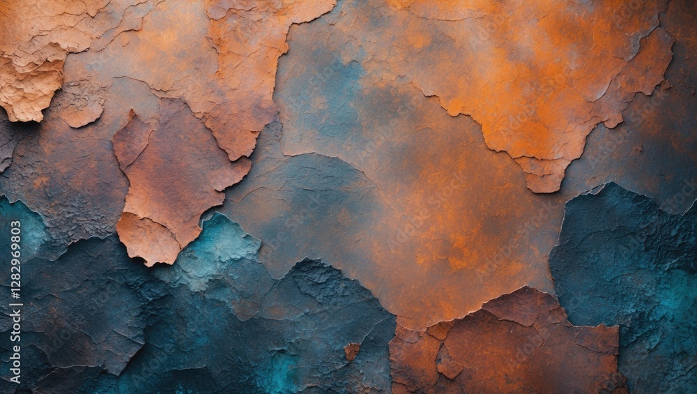 Naklejka premium Abstract textured surface with peeling paint in shades of orange blue and teal creating a distressed artistic background