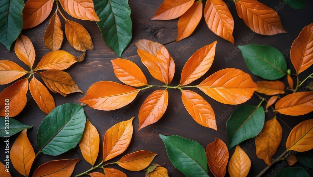 Colorful autumn leaves arranged on a wooden surface with varying shades of orange, green, and brown leaf patterns. Colorful autumn leaves arranged on a wooden surface with varying shades of orange, green, and brown leaf patterns.