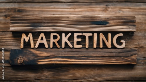 Wooden letters spelling out the word marketing on a rustic wooden background with natural textures and tones. photo