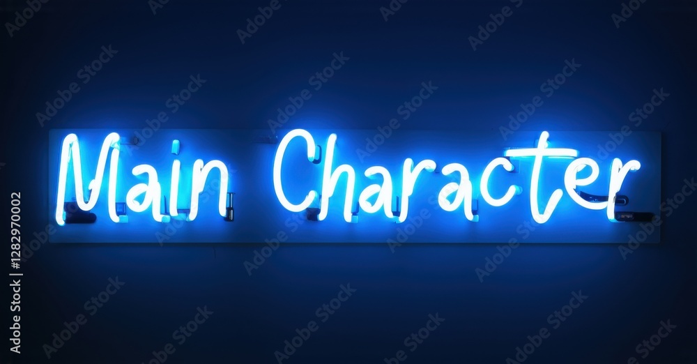 Main Character neon sign in glowing blue, mounted on a dark background, casting an intense glow, creating a bold and cinematic ambiance with a spotlight effect Main Character neon sign in glowing blue, mounted on a dark background, casting an intense glow, creating a bold and cinematic ambiance with a spotlight effect