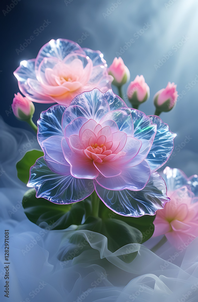 A vibrant image of Spectral Begonia flowers with delicate, translucent petals in pastel hues against a smoky background. Created with generative AI. A vibrant image of Spectral Begonia flowers with delicate, translucent petals in pastel hues against a smoky background. Created with generative AI.