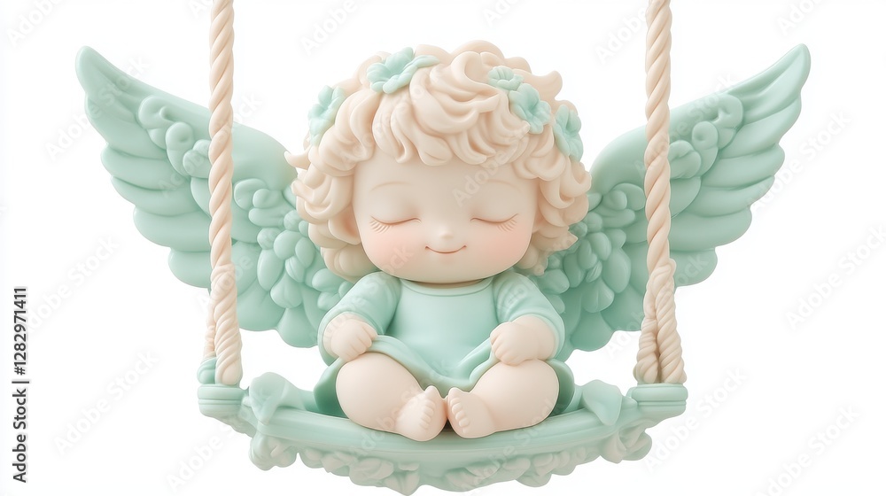 Fototapeta premium Serene cherubic angel figurine on a swing, pastel green wings and dress, peaceful expression.