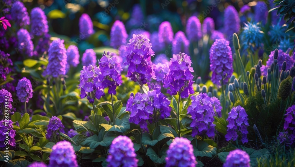 Obraz premium vibrant purple flowers in a lush garden environment showcasing a variety of blooming plants under soft natural light
