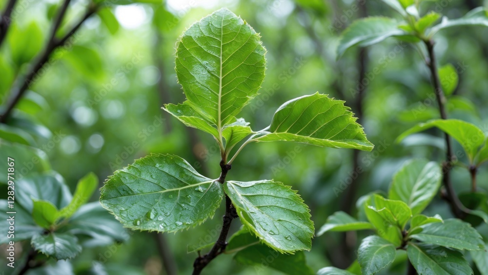 Green leaves with water droplets on branches in a lush green background, displaying vibrant foliage and natural beauty Green leaves with water droplets on branches in a lush green background, displaying vibrant foliage and natural beauty