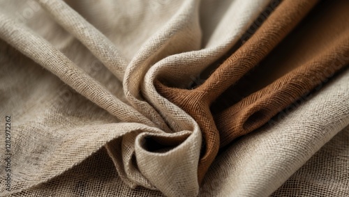 Close-up of mixed fabric textures featuring beige and brown linen material arranged in a layered composition photo