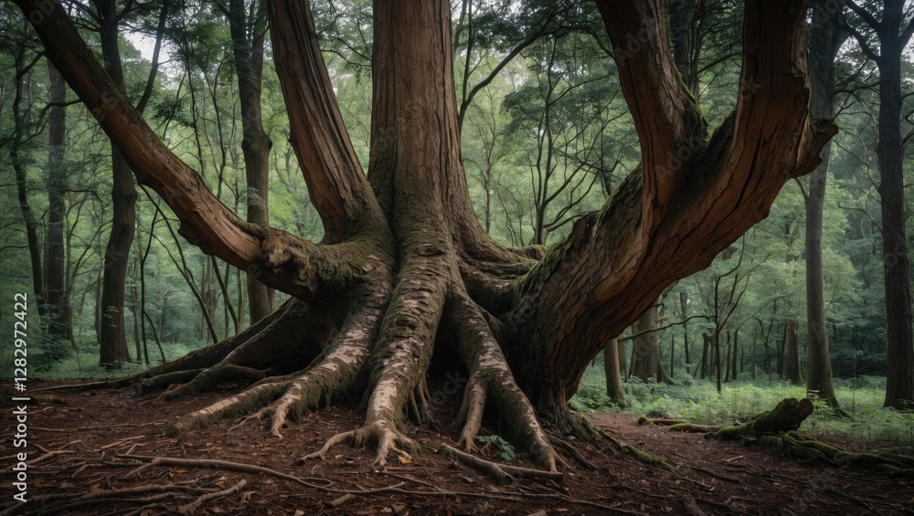 Large ancient tree with extensive roots in a dense forest environment surrounded by greenery and natural light filtering through the leaves. Large ancient tree with extensive roots in a dense forest environment surrounded by greenery and natural light filtering through the leaves.