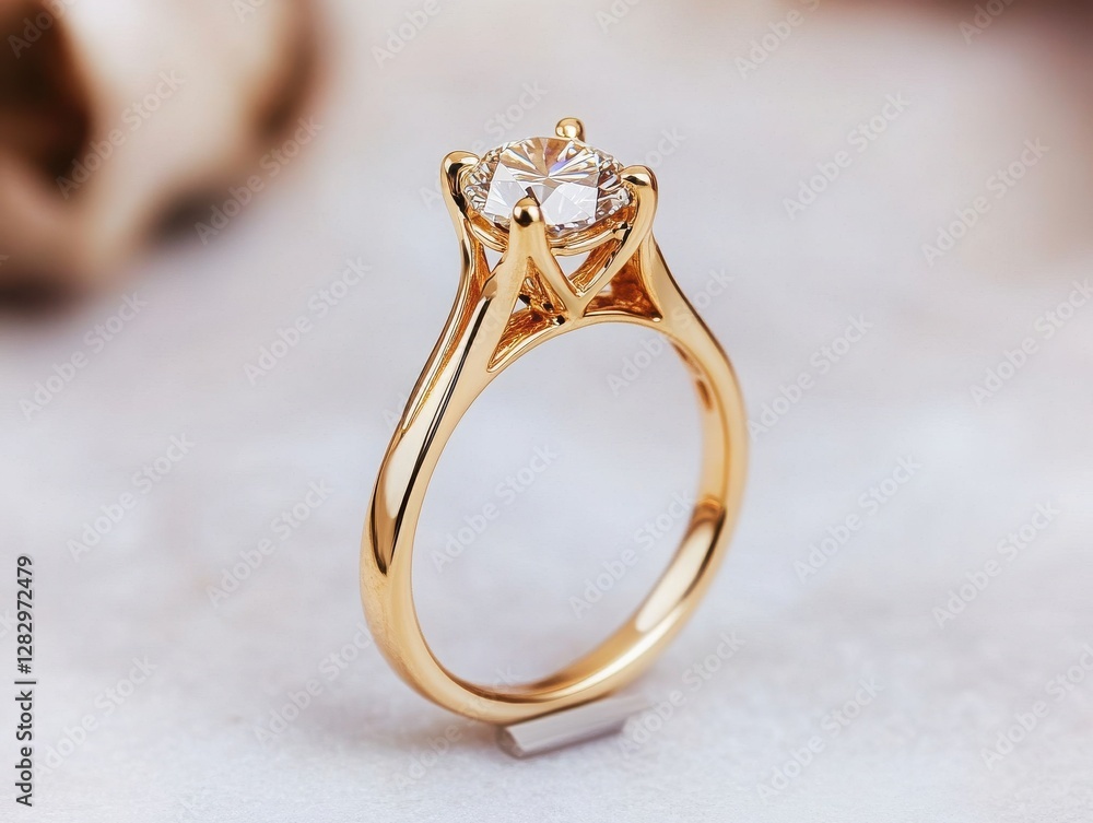 An elegant gold engagement ring featuring a stunning diamond, symbolizing love and commitment in a romantic setting. An elegant gold engagement ring featuring a stunning diamond, symbolizing love and commitment in a romantic setting.