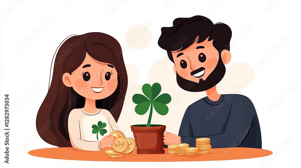 Happy couple nurturing a plant, representing growth and prosperity. Happy couple nurturing a plant, representing growth and prosperity.