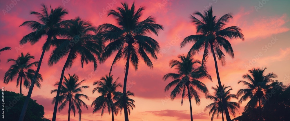 tropical sunset silhouette of palm trees against a colorful sky with clouds in warm shades of orange and pink tropical sunset silhouette of palm trees against a colorful sky with clouds in warm shades of orange and pink