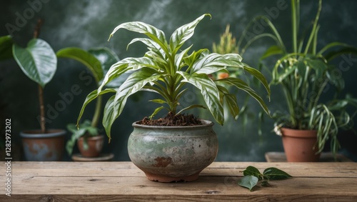 Green houseplant in decorative aged ceramic pot on wooden table with blurred indoor garden background featuring various plants photo