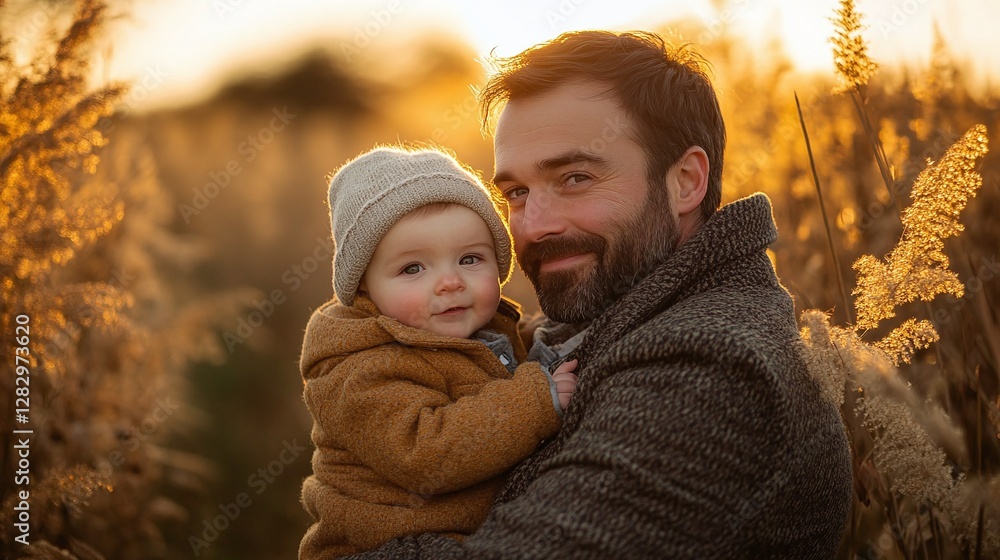 Obraz premium loving father embracing baby boy in scenic autumn field at sunset sharing a warm parenting moment in nature’s golden hour glow