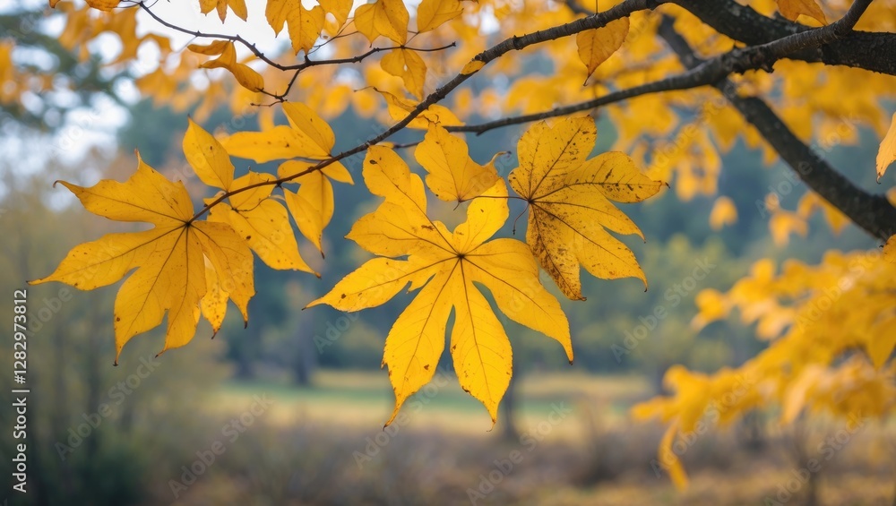 Autumn foliage with vibrant yellow leaves against a blurred natural background in a scenic forest setting. Autumn foliage with vibrant yellow leaves against a blurred natural background in a scenic forest setting.