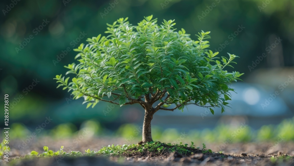 small leafy tree with a thick trunk on soil in natural environment sunlight filtering through blurred background small leafy tree with a thick trunk on soil in natural environment sunlight filtering through blurred background