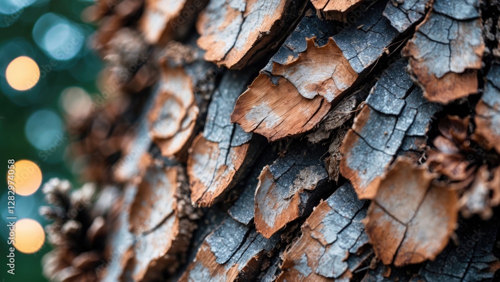 Close-up view of textured tree bark with visible layers and patterns in natural outdoor setting with soft bokeh background lights. Close-up view of textured tree bark with visible layers and patterns in natural outdoor setting with soft bokeh background lights.