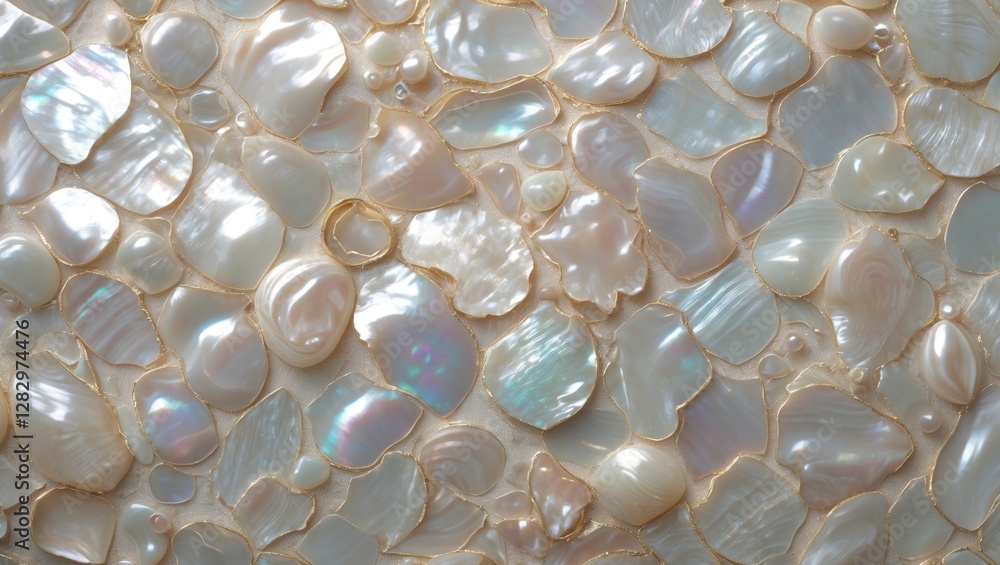 Irregularly shaped mother of pearl shell pieces arranged in a textured natural background with soft luster and pale colors Irregularly shaped mother of pearl shell pieces arranged in a textured natural background with soft luster and pale colors