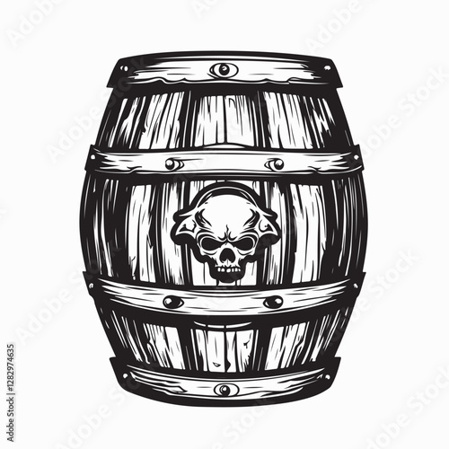 Wooden Beer Barrel with Human Skull Illustration in Dramatic Black and White Vector Artwork