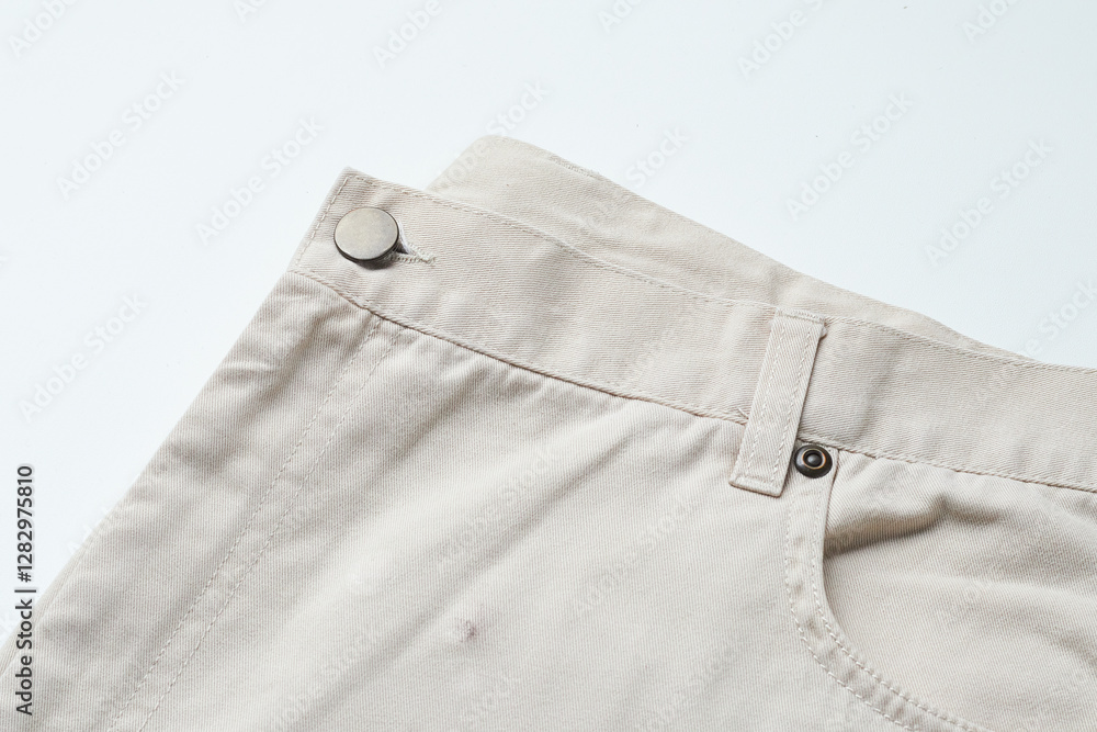 Light Beige Cotton Pants With Detailed Stitching and Buttons Showcased Against a White Background Light Beige Cotton Pants With Detailed Stitching and Buttons Showcased Against a White Background