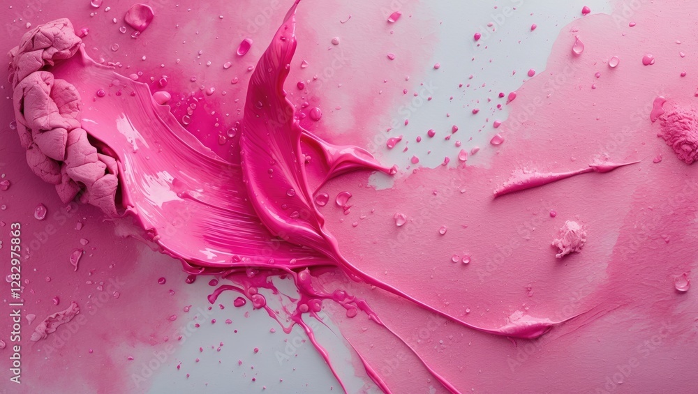 Obraz premium Bright pink paint and clay texture spread on a light background with water droplets creating an abstract colorful composition