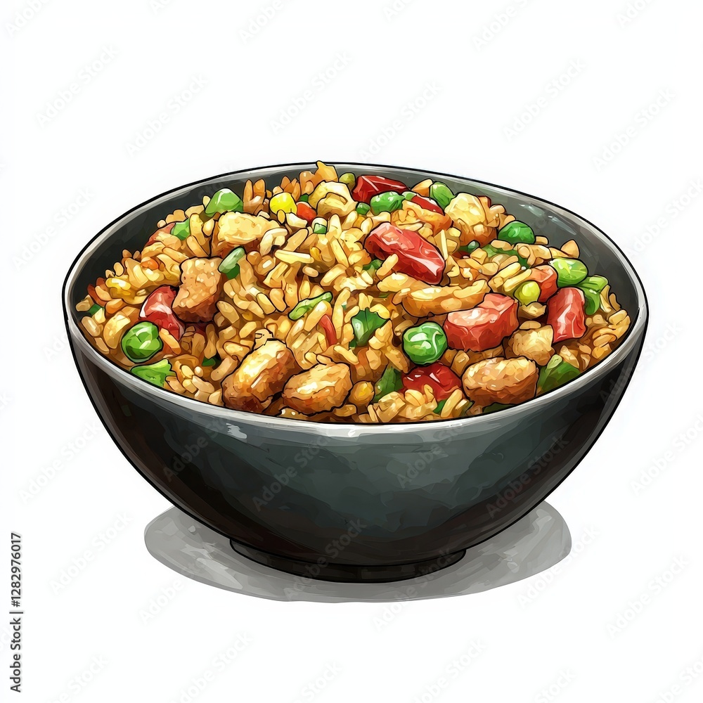 Chinese fried rice national cuisine dish isolated on white background colorful cartoon illustration Chinese fried rice national cuisine dish isolated on white background colorful cartoon illustration