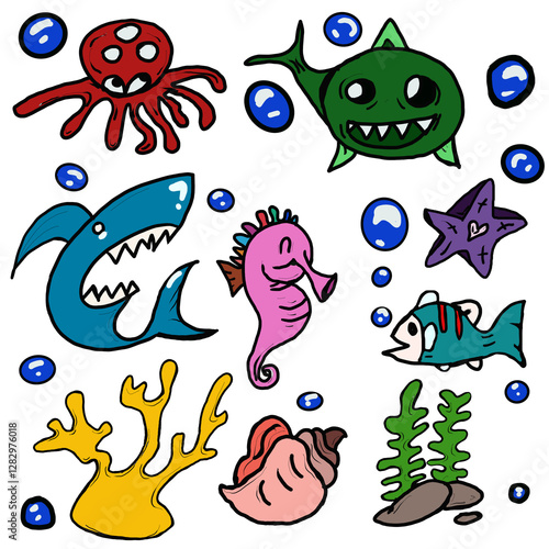  A colorful and  Sea Animals Characters creature set transparent background