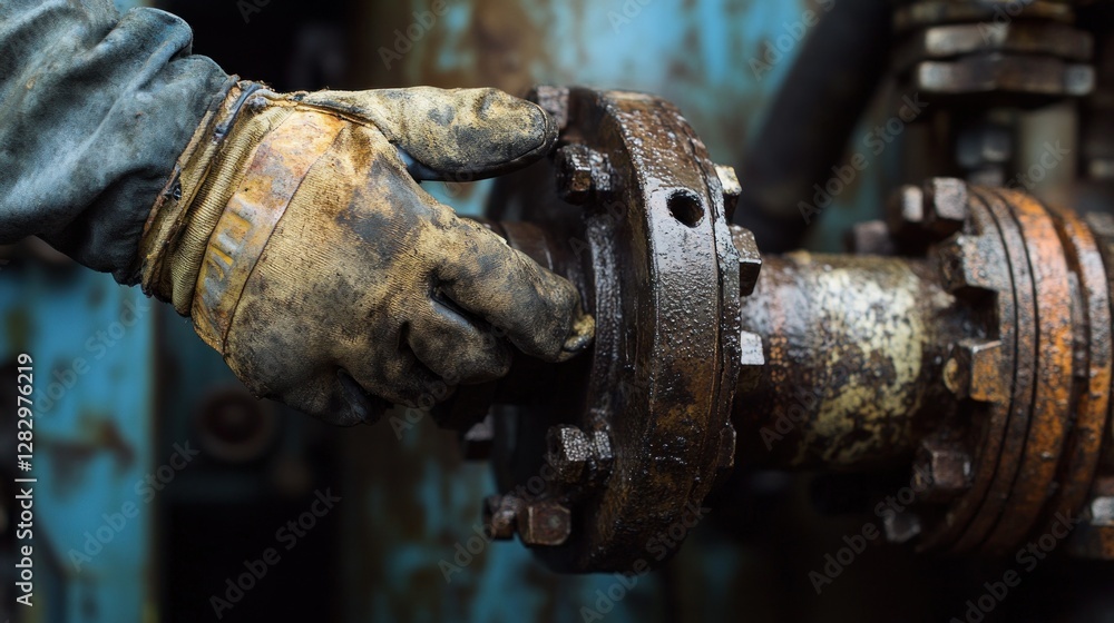 Dirty Hands, Industrial Might: A Close-Up of a Worker's Glove on Rusty Pipes Dirty Hands, Industrial Might: A Close-Up of a Worker's Glove on Rusty Pipes