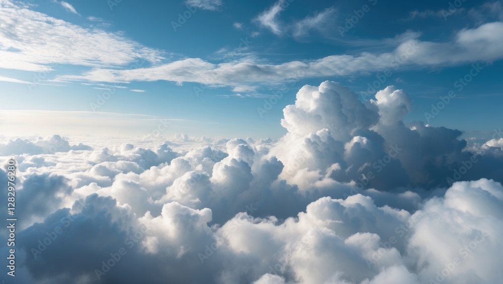Aerial view of fluffy white clouds under a bright blue sky with soft wispy clouds scattered throughout the scene. Aerial view of fluffy white clouds under a bright blue sky with soft wispy clouds scattered throughout the scene.