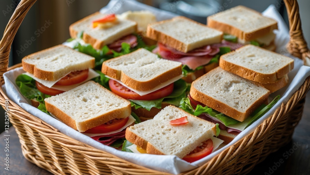 Basket filled with freshly made sandwiches layered with lettuce, tomato, and various meats on a wooden table. Basket filled with freshly made sandwiches layered with lettuce, tomato, and various meats on a wooden table.