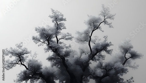 Black Trees with Branches and Smoke Against a White Sky
