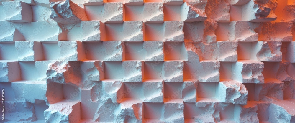 Fototapeta premium Textured geometric wall background with three-dimensional blocks in gradient lighting shades of blue and orange