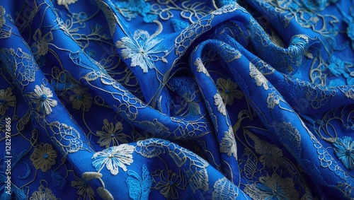 Blue floral embroidered fabric texture detailed with intricate designs and soft draping display. photo