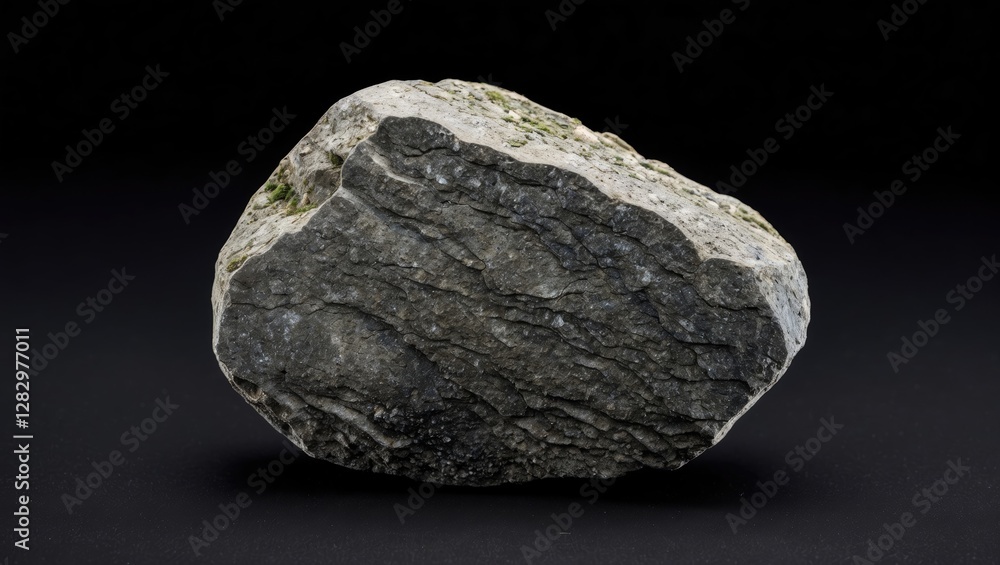 Textured rock with layered patterns and varied coloration set against a black background for geological or natural studies. Textured rock with layered patterns and varied coloration set against a black background for geological or natural studies.
