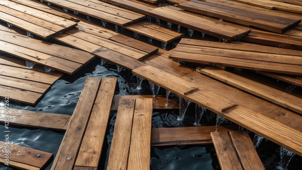Wooden panels arranged in an overlapping pattern allowing water to flow over them creating a natural and textured surface. Wooden panels arranged in an overlapping pattern allowing water to flow over them creating a natural and textured surface.