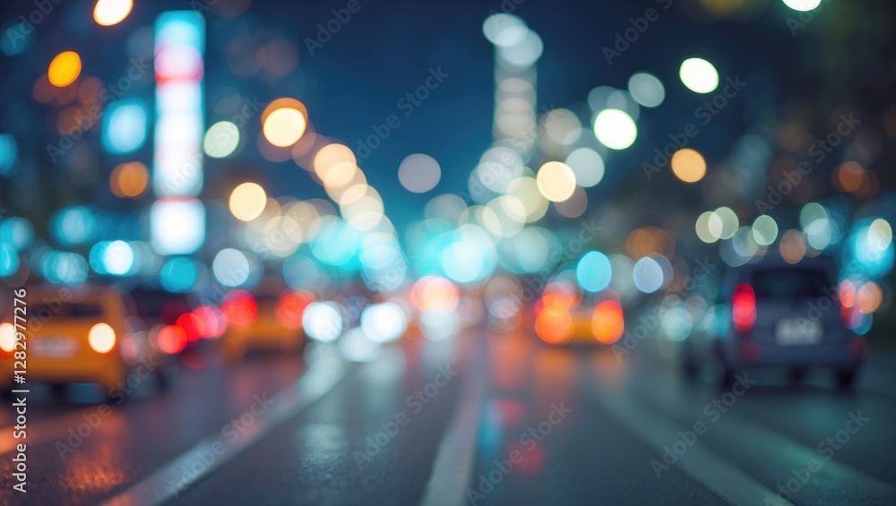 Blurry city street at night with colorful bokeh lights from vehicles and buildings creating an urban ambiance. Blurry city street at night with colorful bokeh lights from vehicles and buildings creating an urban ambiance.