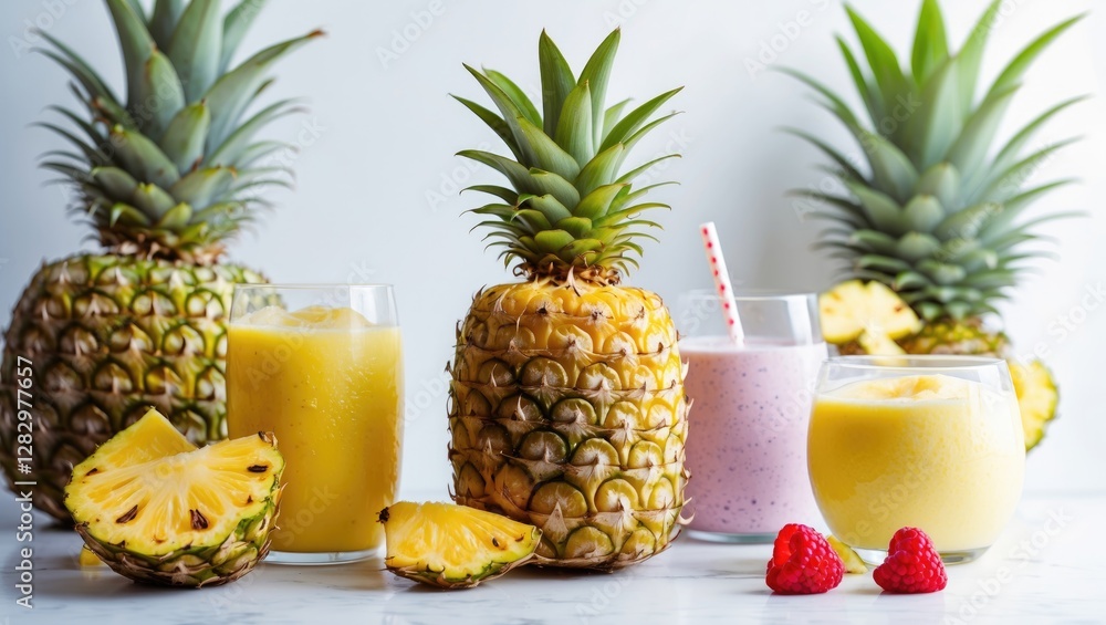 Pineapples with fresh juices and raspberries on a marble surface tropical drink composition healthy eating concept Pineapples with fresh juices and raspberries on a marble surface tropical drink composition healthy eating concept