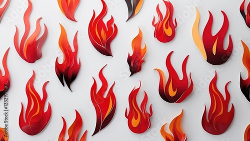 Colorful flame shapes in various sizes and orientations arranged on a light background creating a dynamic pattern design.