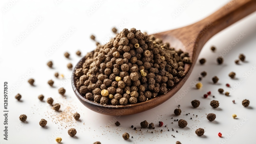 Black peppercorns piled in a wooden spoon with scattered grains on a white surface showcasing spices and seasoning for culinary uses Black peppercorns piled in a wooden spoon with scattered grains on a white surface showcasing spices and seasoning for culinary uses
