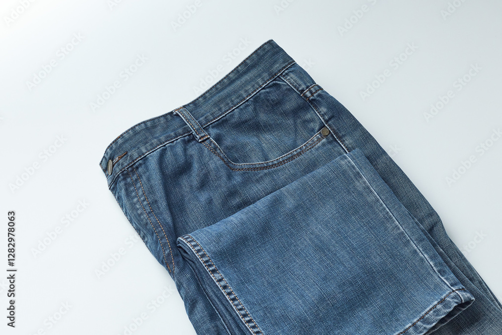 Stylish Blue Jeans Folded Neatly on a White Surface Ready for Casual Wear or Styling Options Stylish Blue Jeans Folded Neatly on a White Surface Ready for Casual Wear or Styling Options
