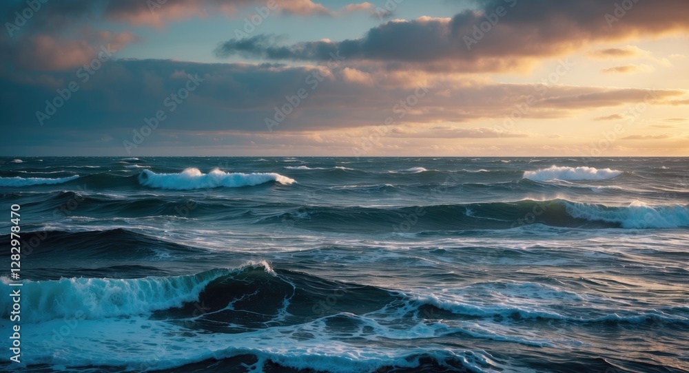 Naklejka premium Waves crashing on a turbulent ocean during sunset with dramatic clouds and golden light reflecting on the water surface