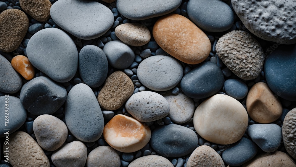Multicolored smooth pebbles and stones on a surface arranged in an abstract pattern for texture and background use Multicolored smooth pebbles and stones on a surface arranged in an abstract pattern for texture and background use